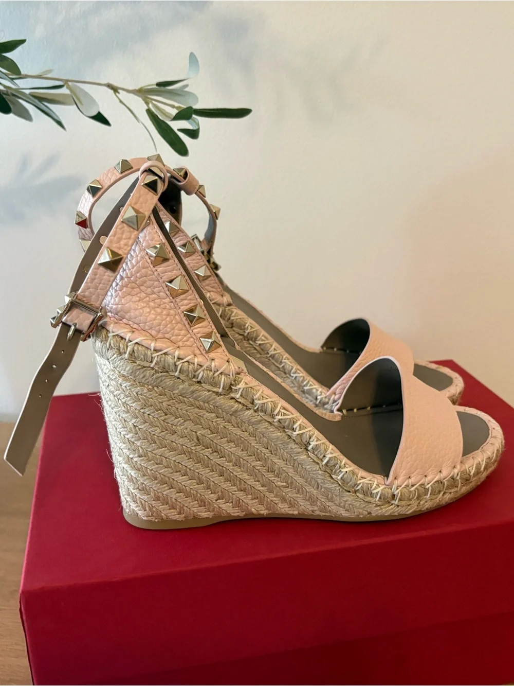 Valentino Blush Pink Rockstud Espadrille Wedge Sandals - Picture 5 of 7